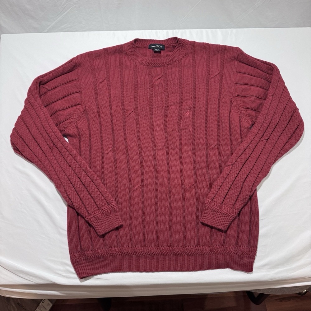 Nautica Rib Knit Cable Knit Crewneck Sweater Dk Red Mens Size L Cotton Pullover